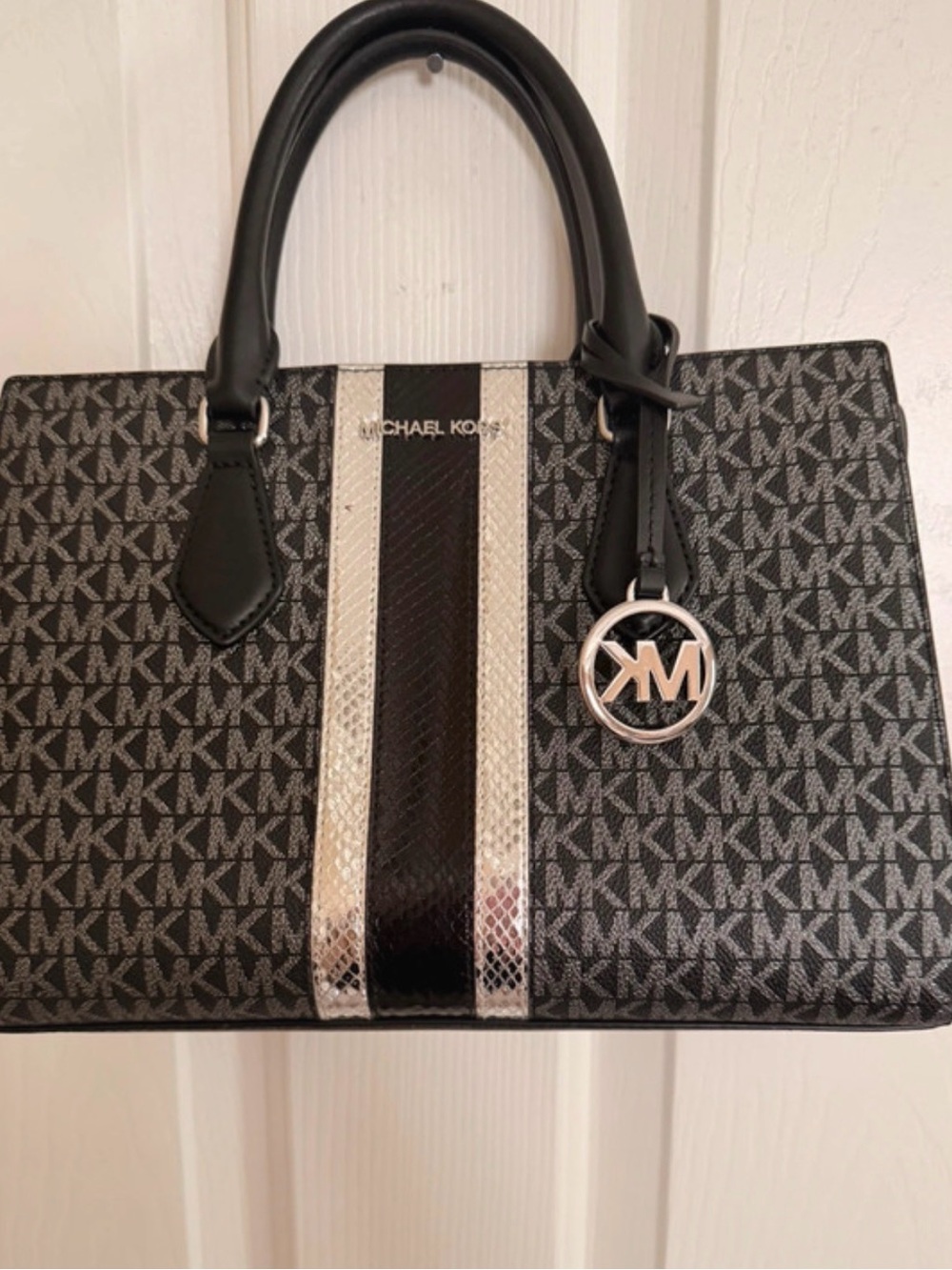 Michael Kors Black and Silver Logo Stripe Satchel